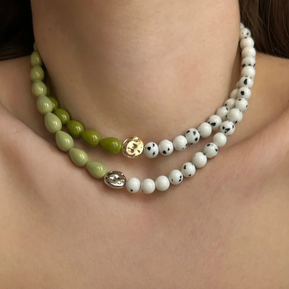 Collar de Cadena con Cuentas en Forma de Gota de Agua Verde, Estilo Y2K, para Mujer, Acero Inoxidable, Cuentas Blancas, Gargantilla, Joyería para Vestir