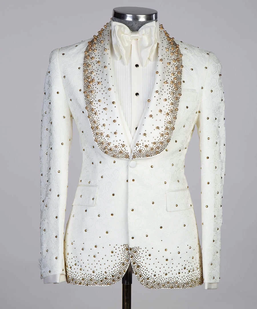 Luxury 2 Piece Suit Men Slim Fit Blazer Handmade Beads Diamonds Jacket Vest Customized Wedding Formal Occasions Groom Tuxedo