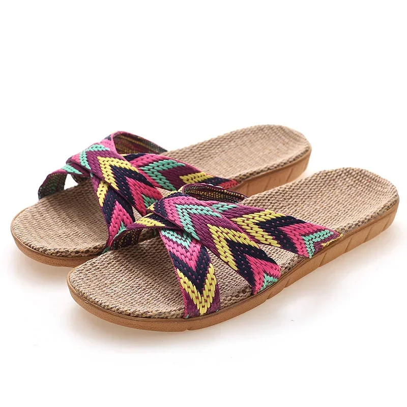 

Summer Linen Slippers for Women & Men - Non-Slip Thick Sole House Slides, Quiet Indoor Sandals for Couples/Hotel Bulk