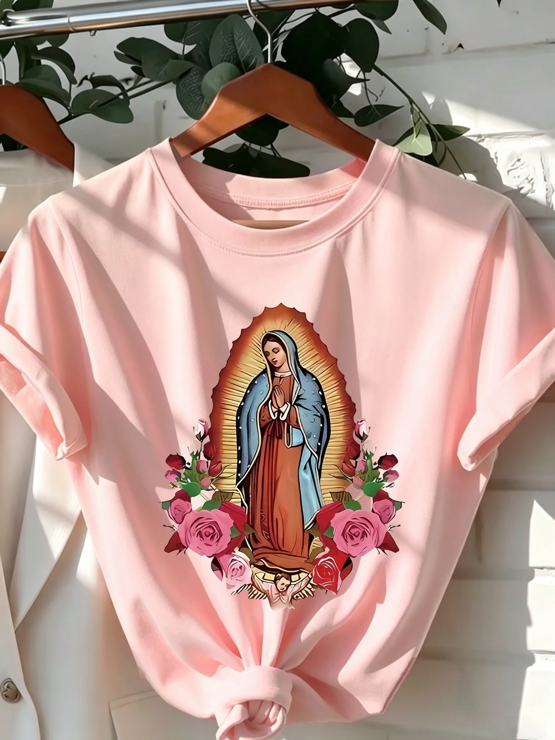 Ladies' Pink Virgin Mary Pattern T-Shirt Short-Sleeved Casual Top with Floral Print Machine Washable Suitable for All Seasons