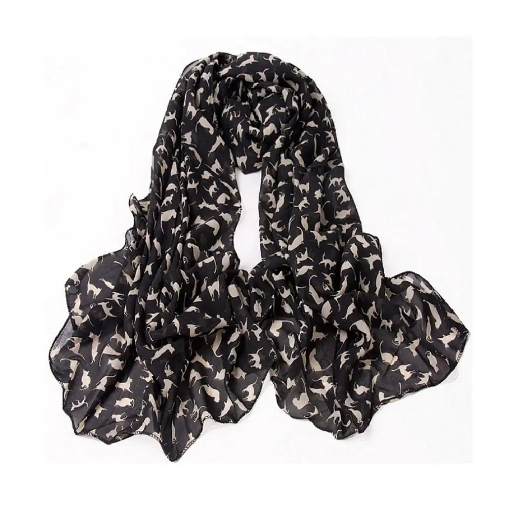 Colorful Women Girls Chiffon Scarf Graffiti Gift Cartoon Cat Printed Scarf Luxury Brand Design Kitten Shawl Scarf