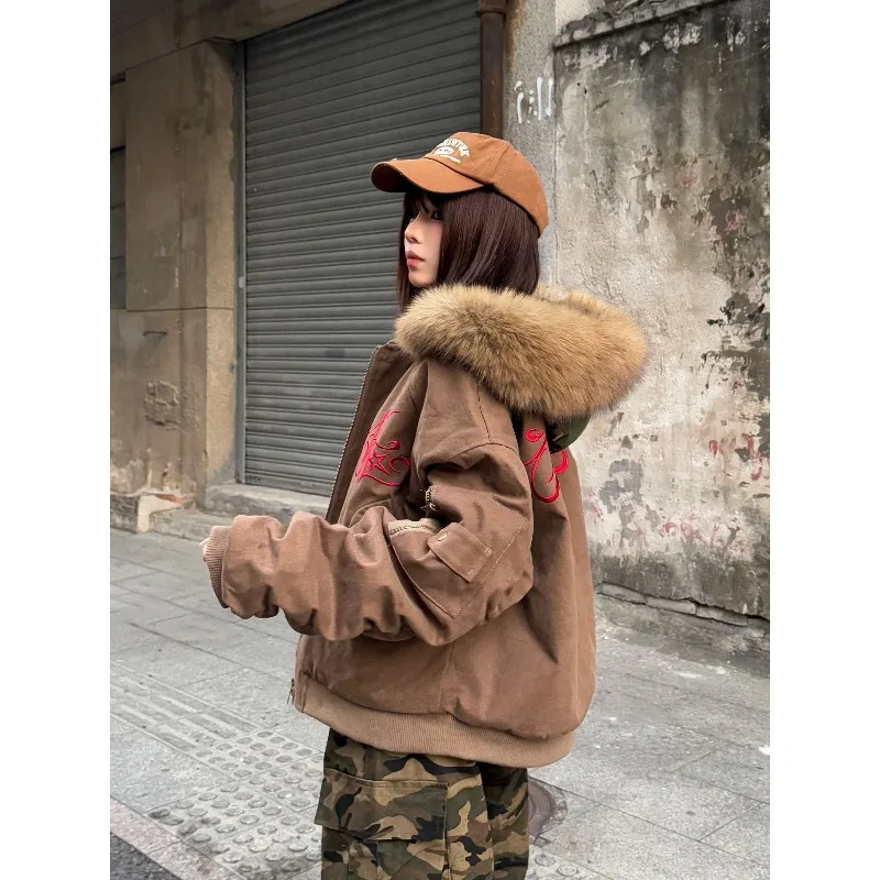 

Хлопковая куртка с меховым воротником в американском стиле ретро для пар, сохраняющая тепло зимой, уличное пальто с длинными рукавами, модная верхняя одежда