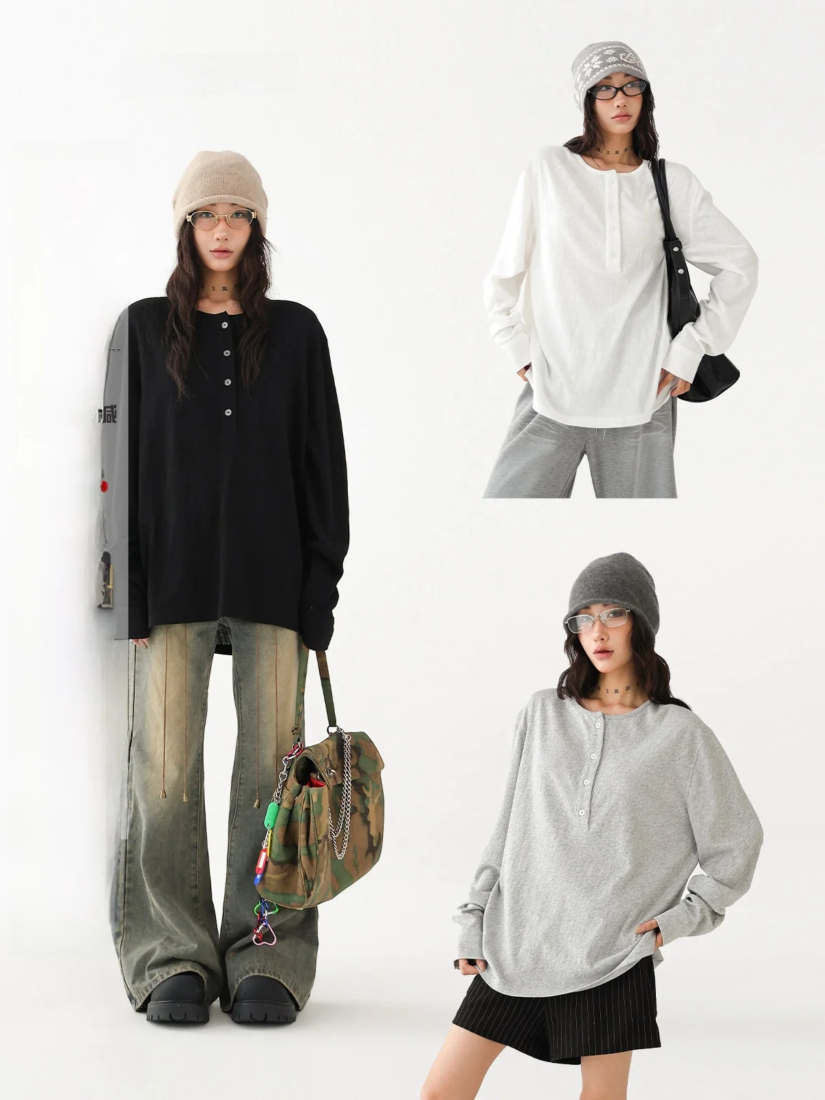 

Женская футболка AceStudios в винтажном стиле с воротником «Генри», длинным рукавом, однотонная, с закругленным низом, повседневная, для осеннего сезона