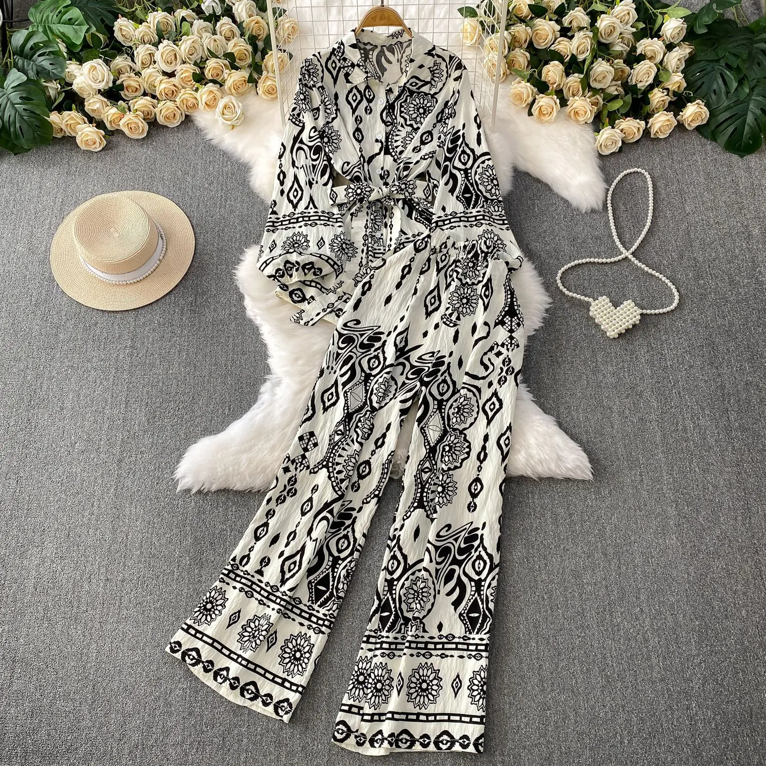 

Pant Set Women Two Piece Sets Turn Down Collar Lantern Sleeve Shirt Tops Print Wide Leg Long Pants High Waist Y2k Streetwear
