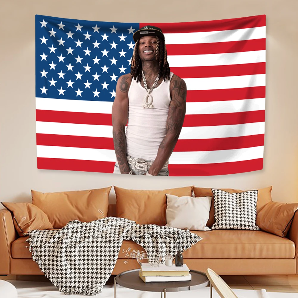 King Vons Wandteppich mit amerikanischer Flagge, klassischer Rapper, Wandbehang, Heimdekoration, Schlafsaal, Hintergrund, Stoff, Geburtstagsgeschenk, Konzertbanner