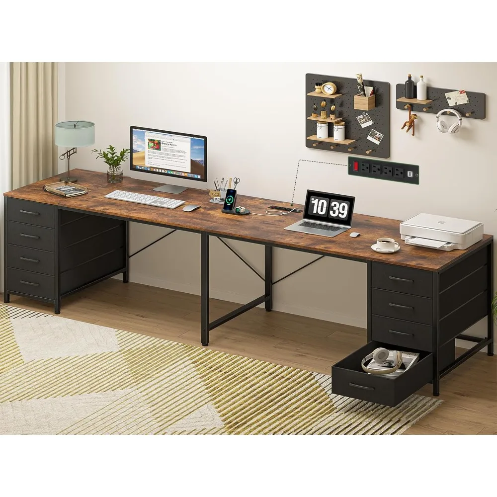 2 Person Desk with 8 Drawers, Large Writing Home Office Desks with Outlets, I Shaped Workstation Double Desk Drawer Organizers