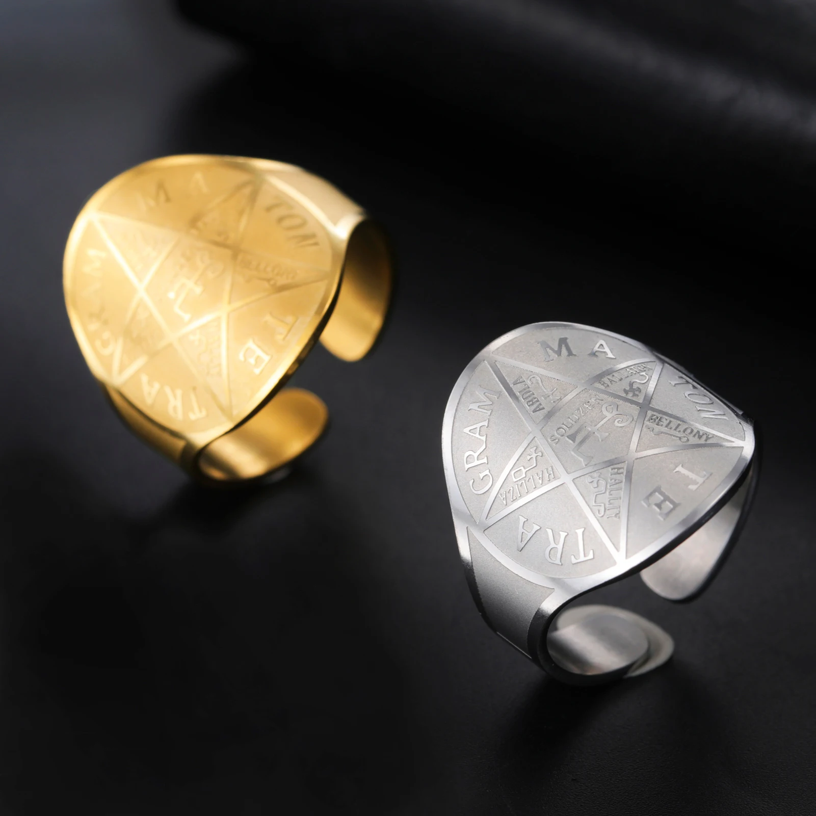 Tetragram pentagram adjustable wide ring amulet Solomon gift for men and women