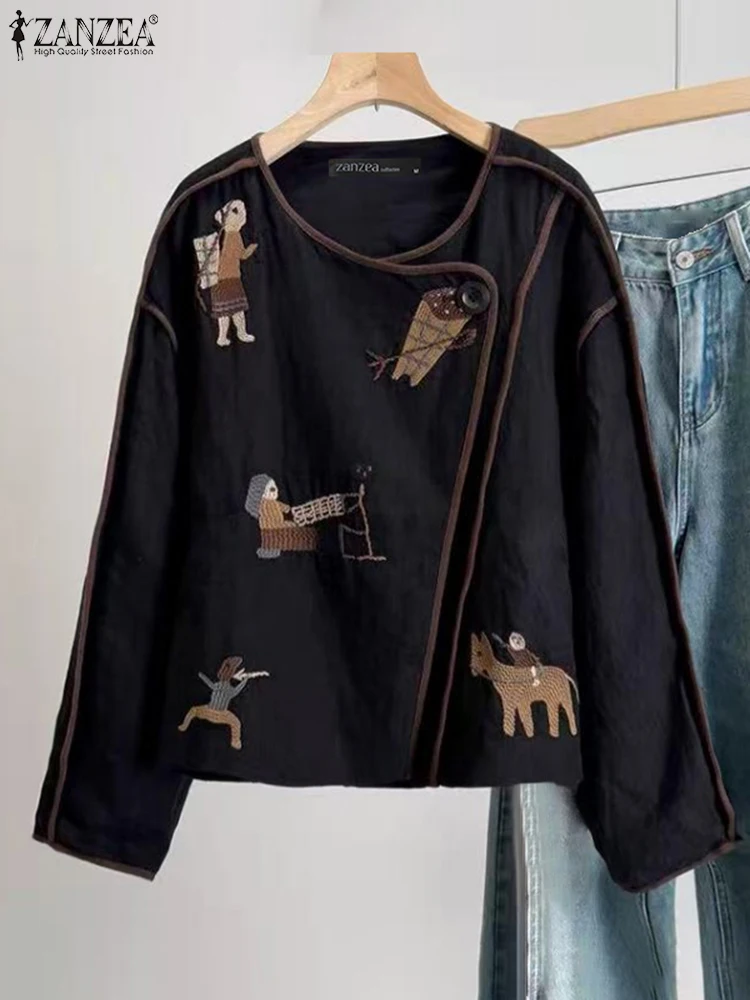 ZANZEA 女性ラップシャツカジュアル O ネック長袖漫画印刷コントラストパイピングカーディガントップス秋の女性の服 S-3XL
