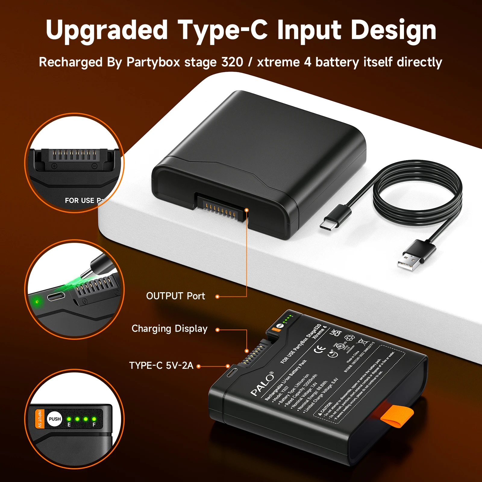 PALO 12000mAh High Capacity For JBL Xtreme 4 Battery JBL PartyBox Stage 320 Spare Battery with TYPE-C Input For Portable Speaker