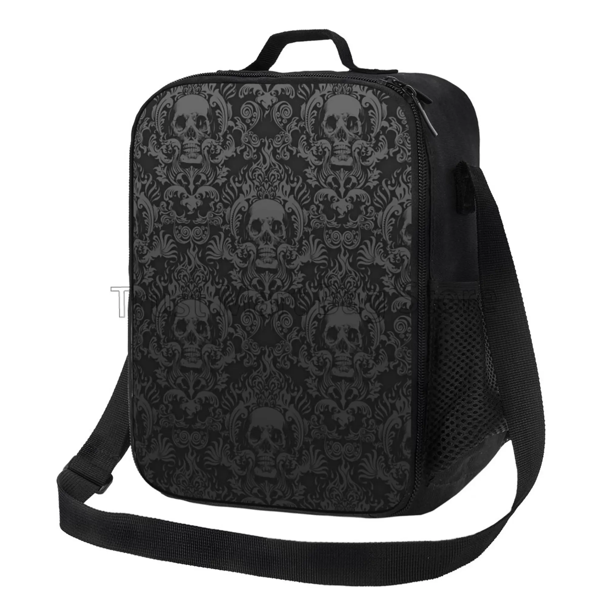 Black Gothic Skull Damask Pattern Insulated Lunch Bag Reusable Thermal Cooler Oxford Tote with Adjustable Strap for Work Picnic