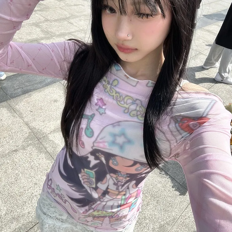 Karrram Japanese Y2k Anime Print Mesh Tops 2000s Aesthetics Pink Sheer Top Vintage Harajuku Kawaii See Through T-shirt Lolita