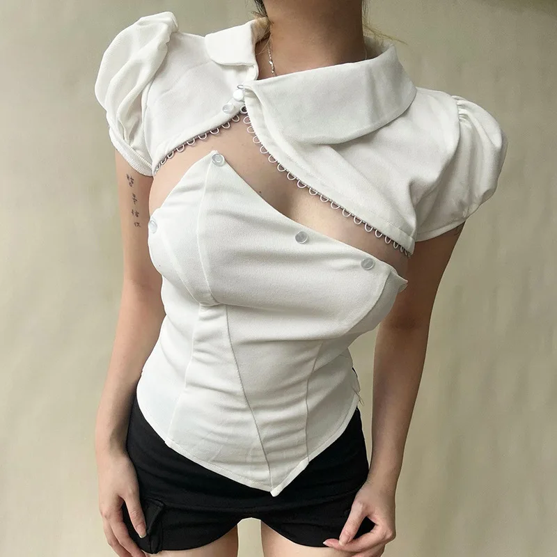 

Женская модная футболка Slim Fit с асимметричными рукавами-фонариками и пуговицами, в европейском стиле, из полиэстера, цветная