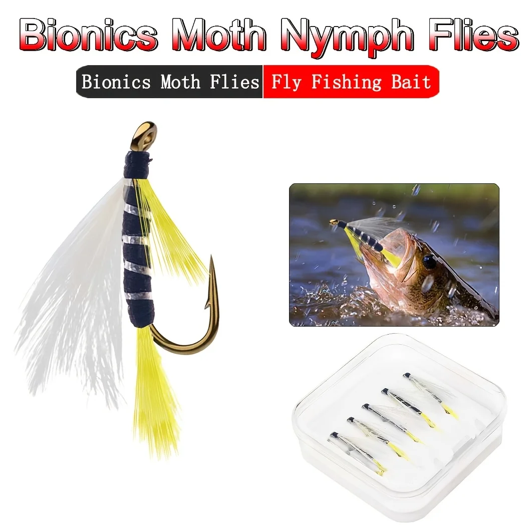 5Pcs/Box Bead Head Moth Nymph Artificial Insect Bait, Fly Fishing Flies for Trout, Bass, Salmon & More Freshwater Fish