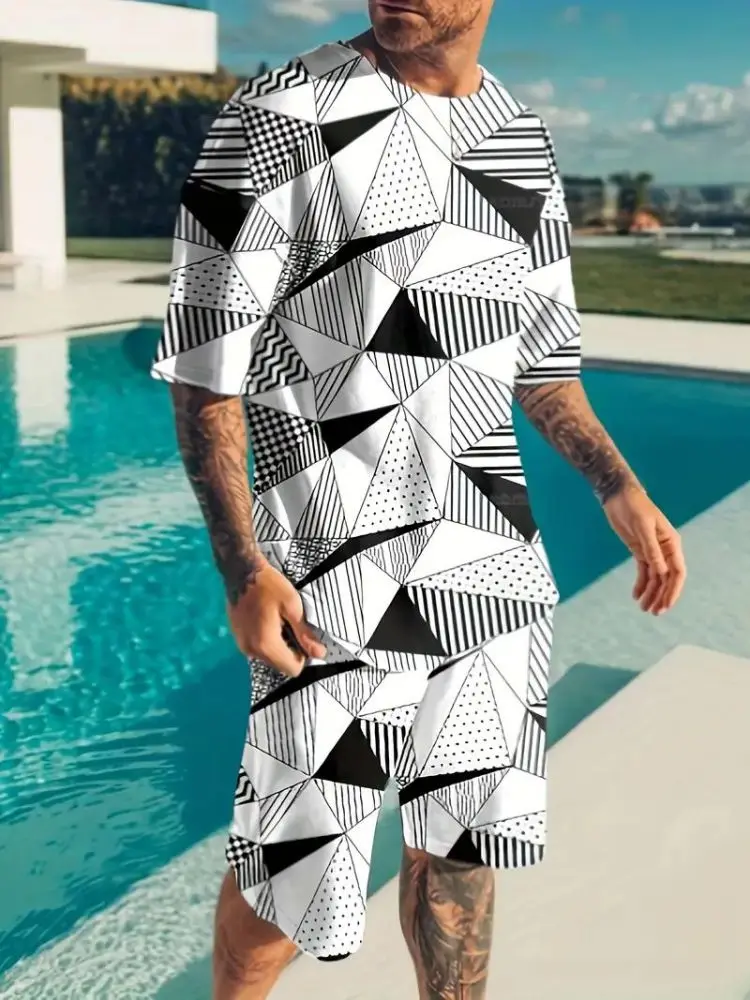 Men's Color Clash Geometric Pattern T-shirt and Casual Shorts Suit, Suitable for Summer Everyday Wear/holiday/beach/party Men's