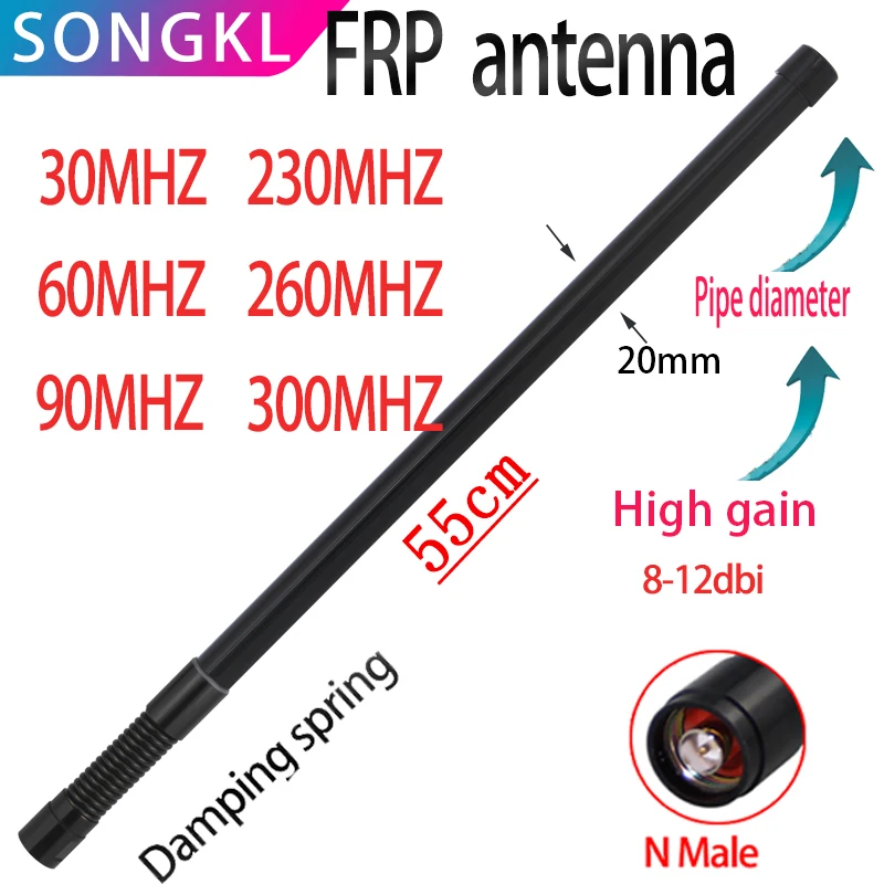 

Customized omnidirectional high-gain FRP antenna N Male 30mhz 60mhz 90mhz 230mhz 260mhz 300mhz module antenna Low frequency 55cm