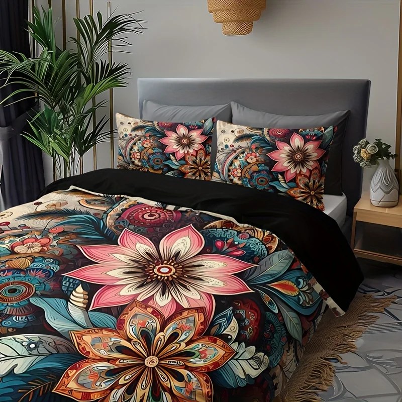 Bohemian Mandala Floral Bedding Set: 3 Pieces (1 Duvet Cover + 2 Pillow Cases) - No Pillow Inserts Included