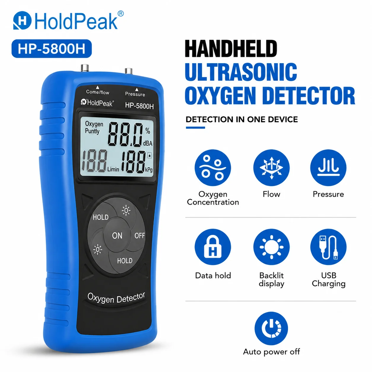 Ultrasonic Oxygen Meter, Portable O2 Detector for Industrial and Household, 0-10L/min Flow & 0-199kPa Pressure Sensor, HP-5800H