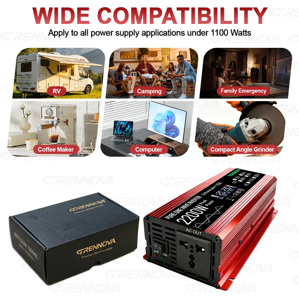 Outdoor Work Pure Sine Wave Inverter 2200W Peak (1100W Continuous) Power Tools & Fans DC 12V 24V 48V 60V To AC 110V 220V Home