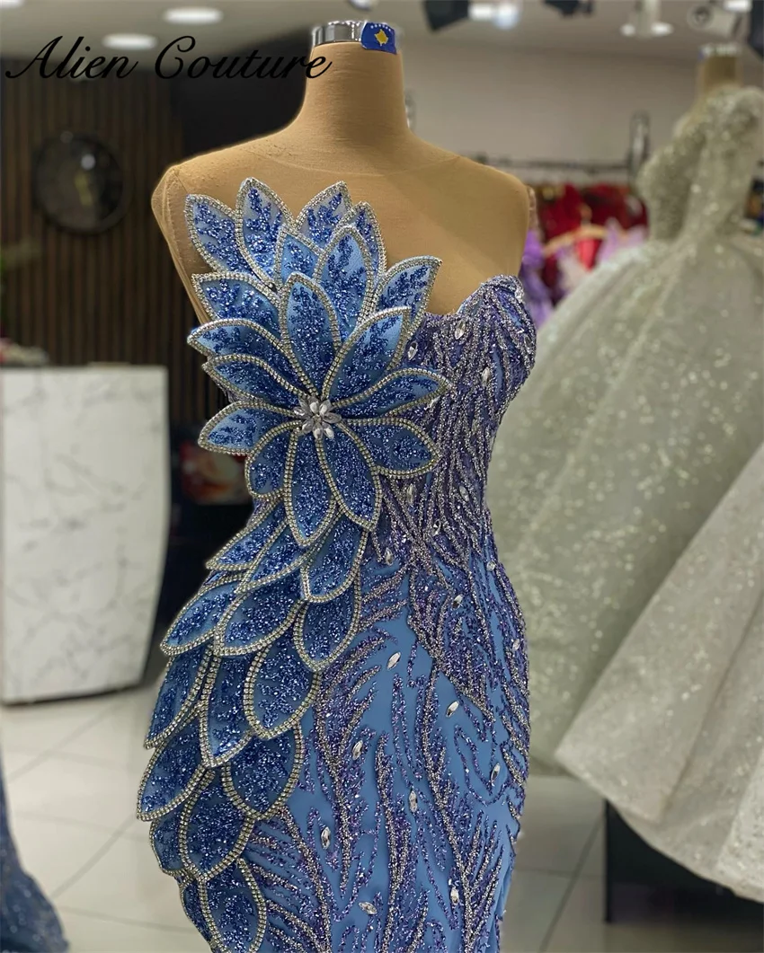 

Luxury Blue Evening Dresses Diamnids Beaded Mermaid Prom Dress Arabic Dubai Party Second Reception Gown wedding Gown Customized