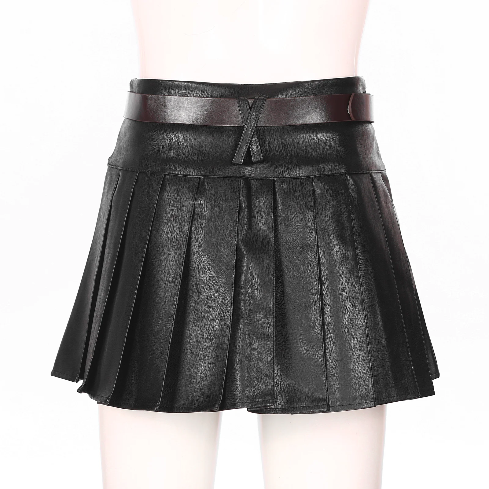 Womens Faux Leather Pleated Skirt Fashion Clubwear High Waist Built-in Shorts Skirts with Adjustable Belt Party Street Dancewear