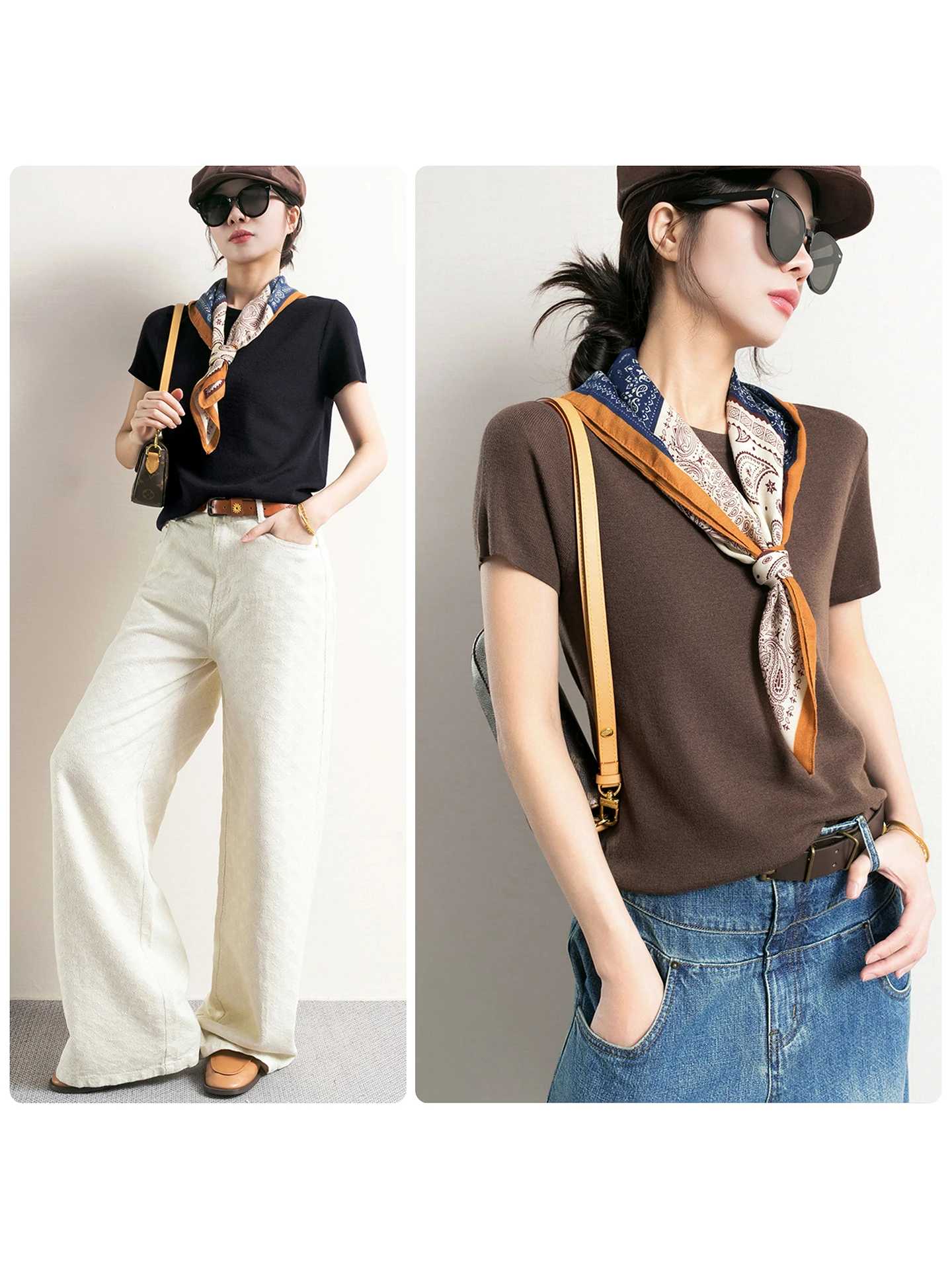 

Women's Knitted Wool Blend Short Sleeve T-Shirt Set Casual Style Soft Fabric Holiday Outfit Two-Piece Combo round Neck Warmth
