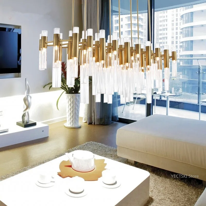 Postmodern minimalist creative stainless steel rectangular glass tube designer hotel restaurant club pendant light