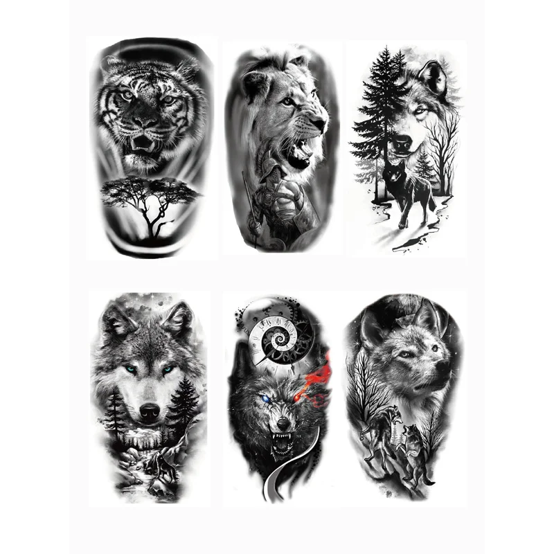 Small Arm Waterproof Temporary Tattoos for Men Tiger Wolf Animal Tattoo Stickers Body Art Skeleton Fake Tattoo for Women