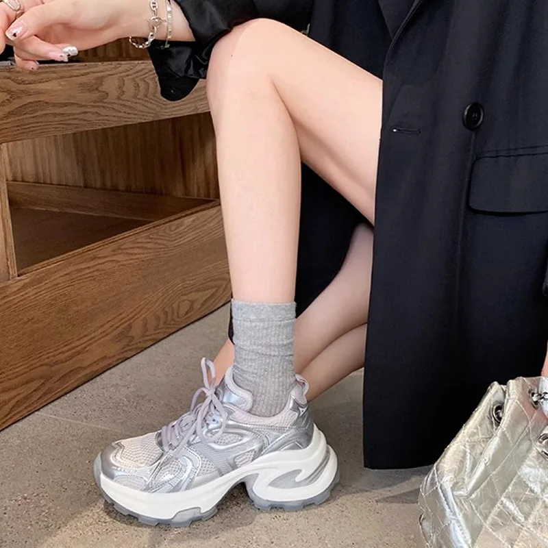 

Женские кроссовки на шнуровке Meotina, повседневные туфли на плоской платформе, с круглым носком, серебристо-белые, 40 цветов, весна-осень