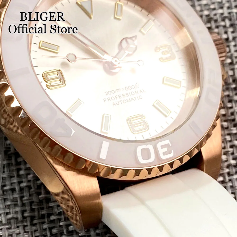 BLIGER Rose Gold NH35A PT5000 40mm Automatic Dive Watch Men Sapphire Glass Ceremic Insert White Rubber Strap Folding Buckle