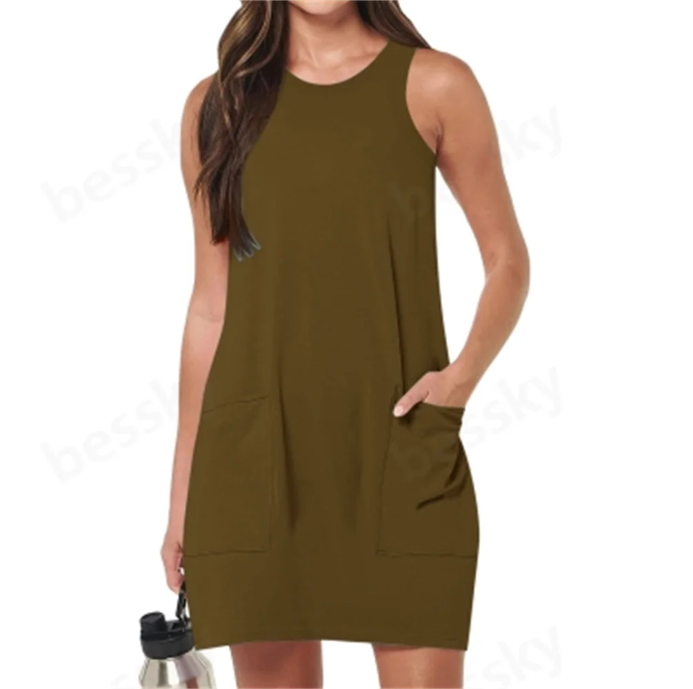

Ladies Solid Color Leisure Sports Vest Skirt with Double Pockets Mini Casual Dress for Women