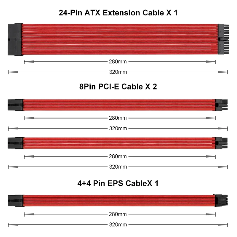 18AWG Power Supply Sleeved Cable /24pin ATX /4+4pin EPS /2 x 6+2pin PCI-E PSU Extension Cable Kit 30cm