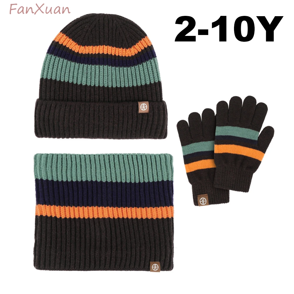 Children Winter Hats Snood Gloves Set 3pcs Boys Girls Knitting Beanies Fleece-lined Plush Lining Thick Winter Caps Sets for Kids