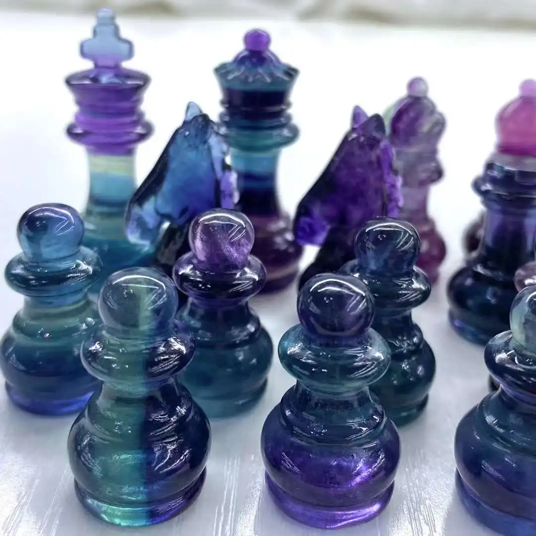 2024 New Arrival Chess Set Made Of Macaron Color Fluorite Crystal Natural Stones Man Gifts Box Father Festive Present Popular