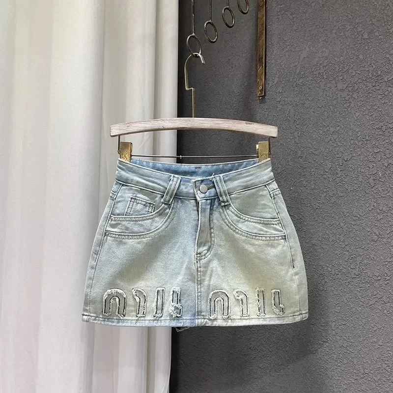 

Casual Retro Embroidered Washed Denim Mini Skirt High Waist A- Line Half Skirt New 2025 Korean Style Ins Half Skirt