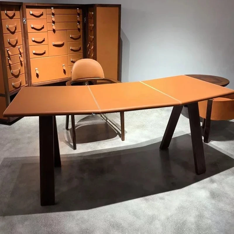 Italian minimalist solid wood saddle leather desk old workbench simple large class desk home