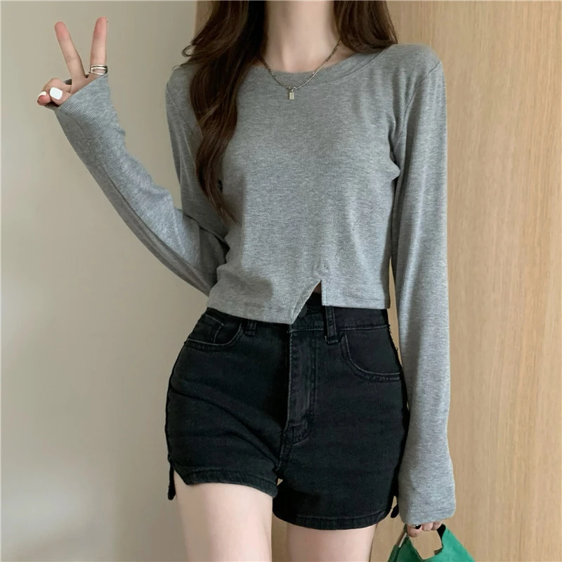 New Spring Fashion Y2K T-shirt Woman Vintage Long Sleeve Tee Shirt Femme Basic Solid Crop Top Women Solid Sexy Clothes Tshirt