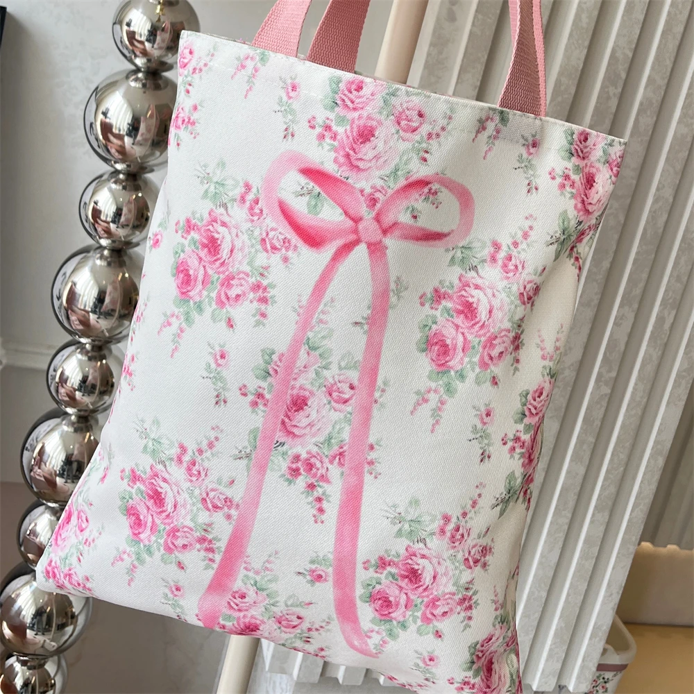 

Корейская универсальная сумка на плечо большой вместимости, модная наклонная сумка на плечо, ручная сумка для покупок, розовая сумка для хранения с бантом и принтом
