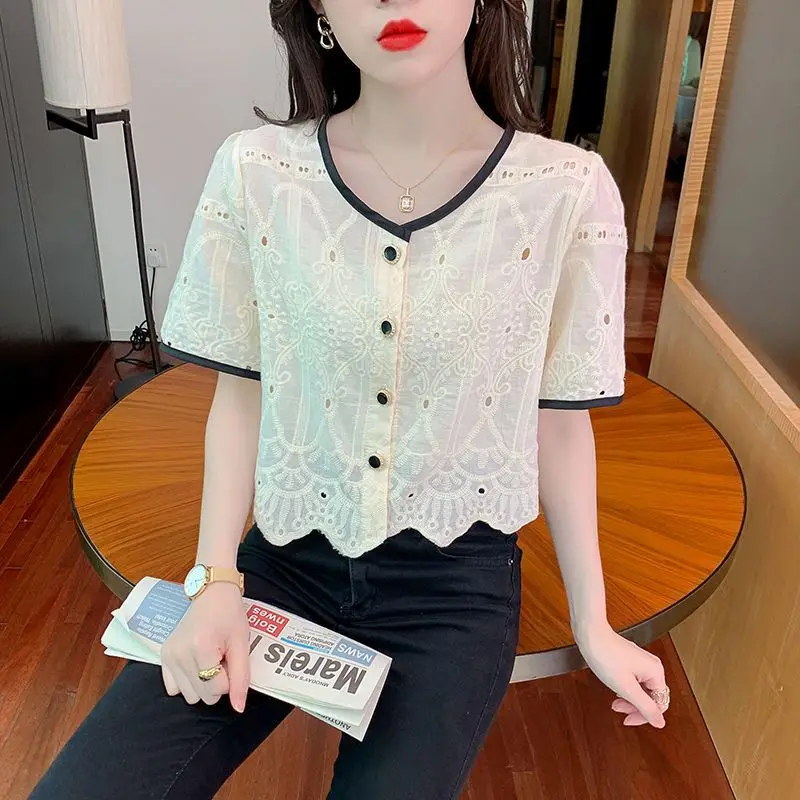 Women's Clothing Summer Button Short Sleeved Cardigan Hollow Out Round Neck Contrast Color T-shirt Casual Elegant All-match Tops