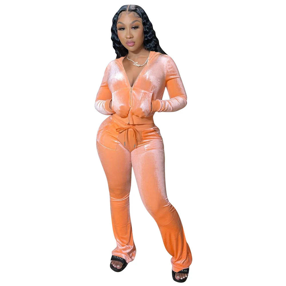 JENYAGE Damen Y2K Einfarbiger Velours Zweiteiler Trainingsanzug mit Reißverschluss-Kapuzenjacke und ausgestellter Hose mit Kordelzug, lässiger Jogginganzug – Detail 8