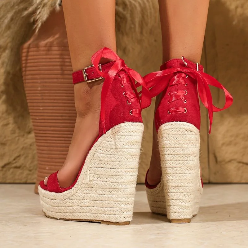 Eilyken Design Style Back Lace-up Platform Weave Wedges High Heels Women Sandals Fashion Buckle Strap Red Wedding Summer Shoes