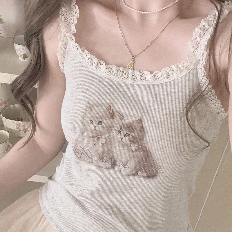 Cute Crop Tops for Sweet Girls Summer 2023 Lace Trim Two Cats Print Cropped Camis Kawaii Clothes