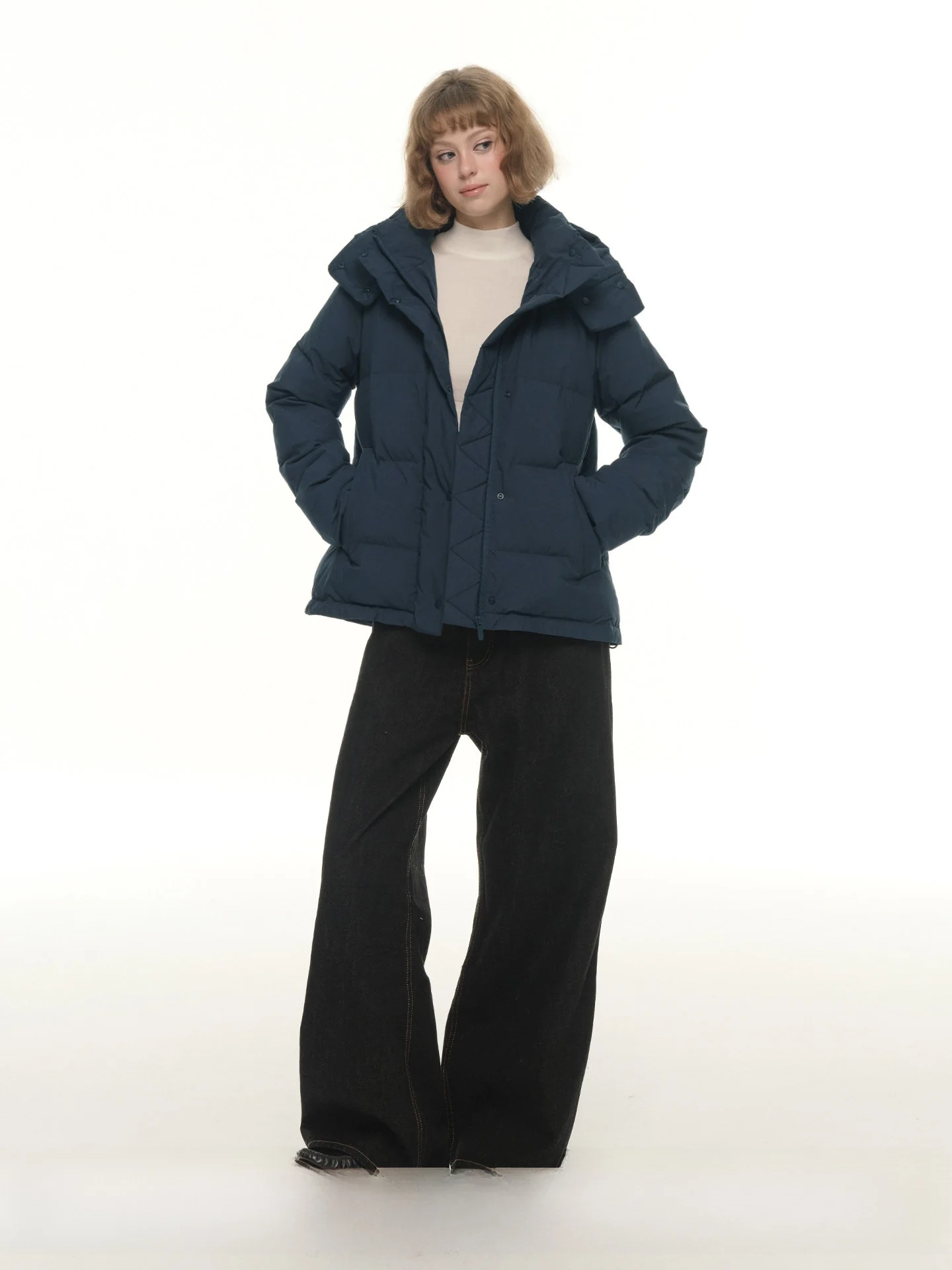 

UNRETRO Women's ort Puffer Jaet White Du down Long Sve Stand Collar Bread Sle Warmth Winter Coat Tee-Proof Fabric