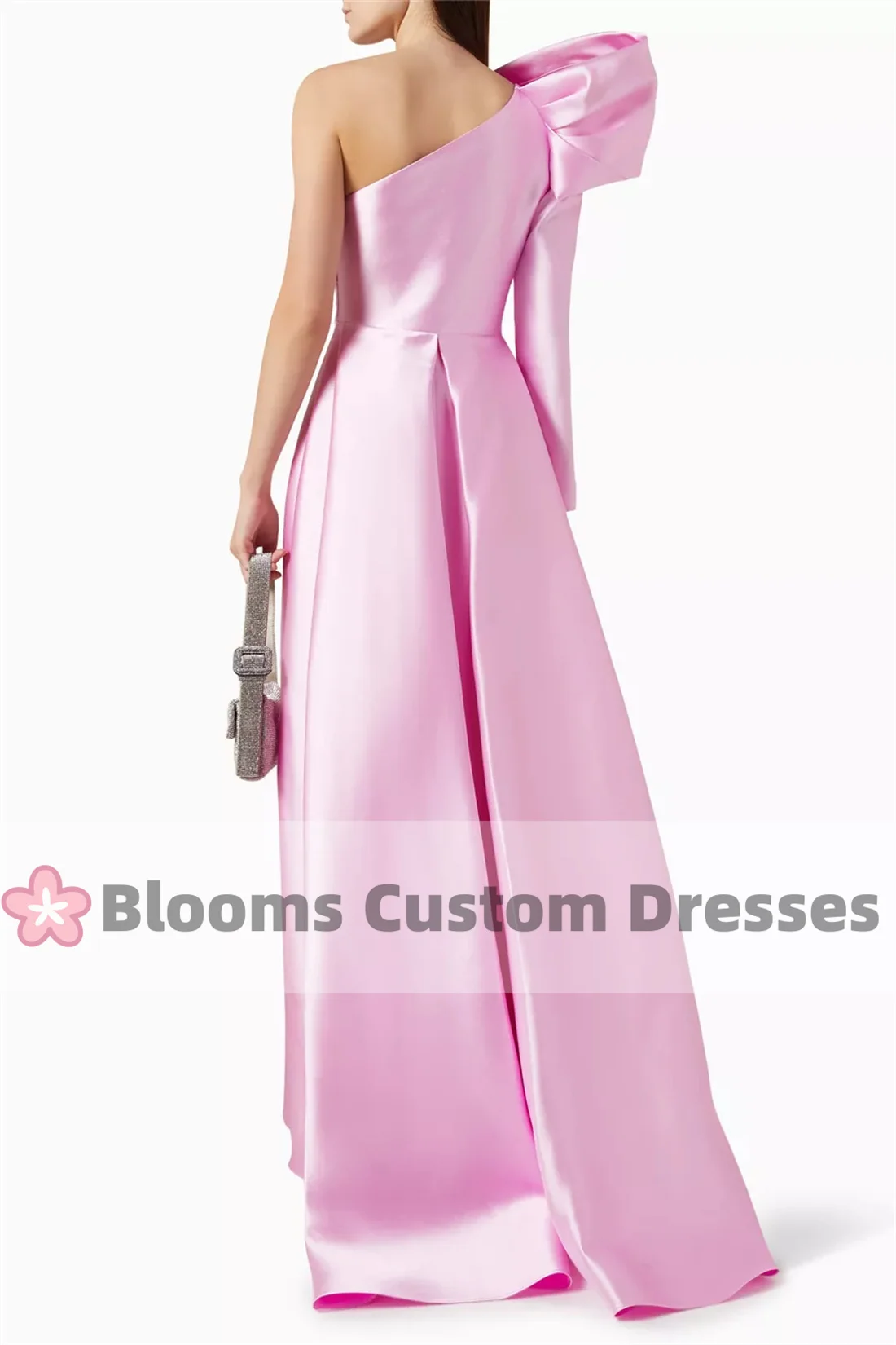 Blooms Pink Crepe One-shoulder Evening Dresses 2024 Satin Long Sleeve Formal Party Gown Prom Dress robes invitée mariage