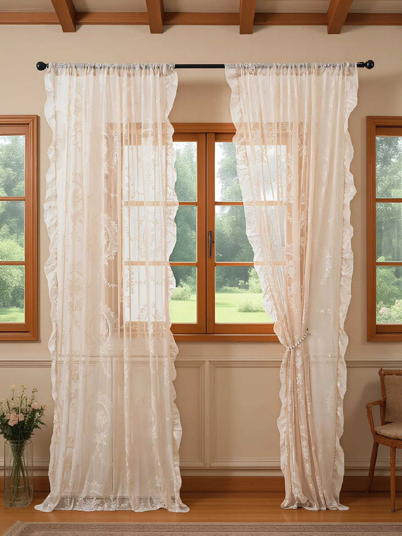 Cream Lace Sheer Curtains Ruffled Edge Floral Embroidered Voile Curtains Light Filtering Window Sheers for Farmhouse Bedroom
