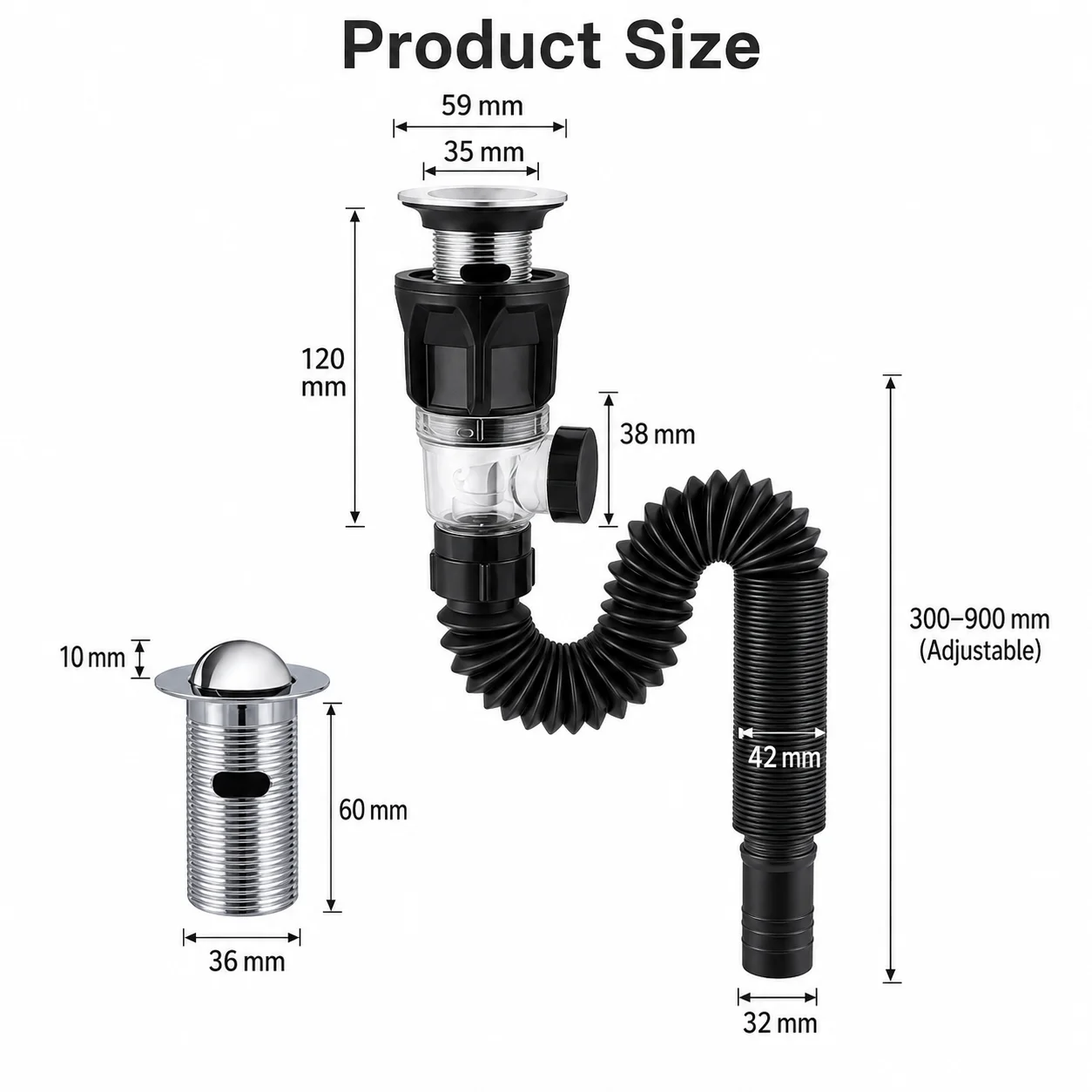 1-5Pcs Kitchen ABS Sink Drain Kit Drain Stopper Flexible Hose Body Stainless Steel Top Side Outlet Basin Drain Pipe Set image 4