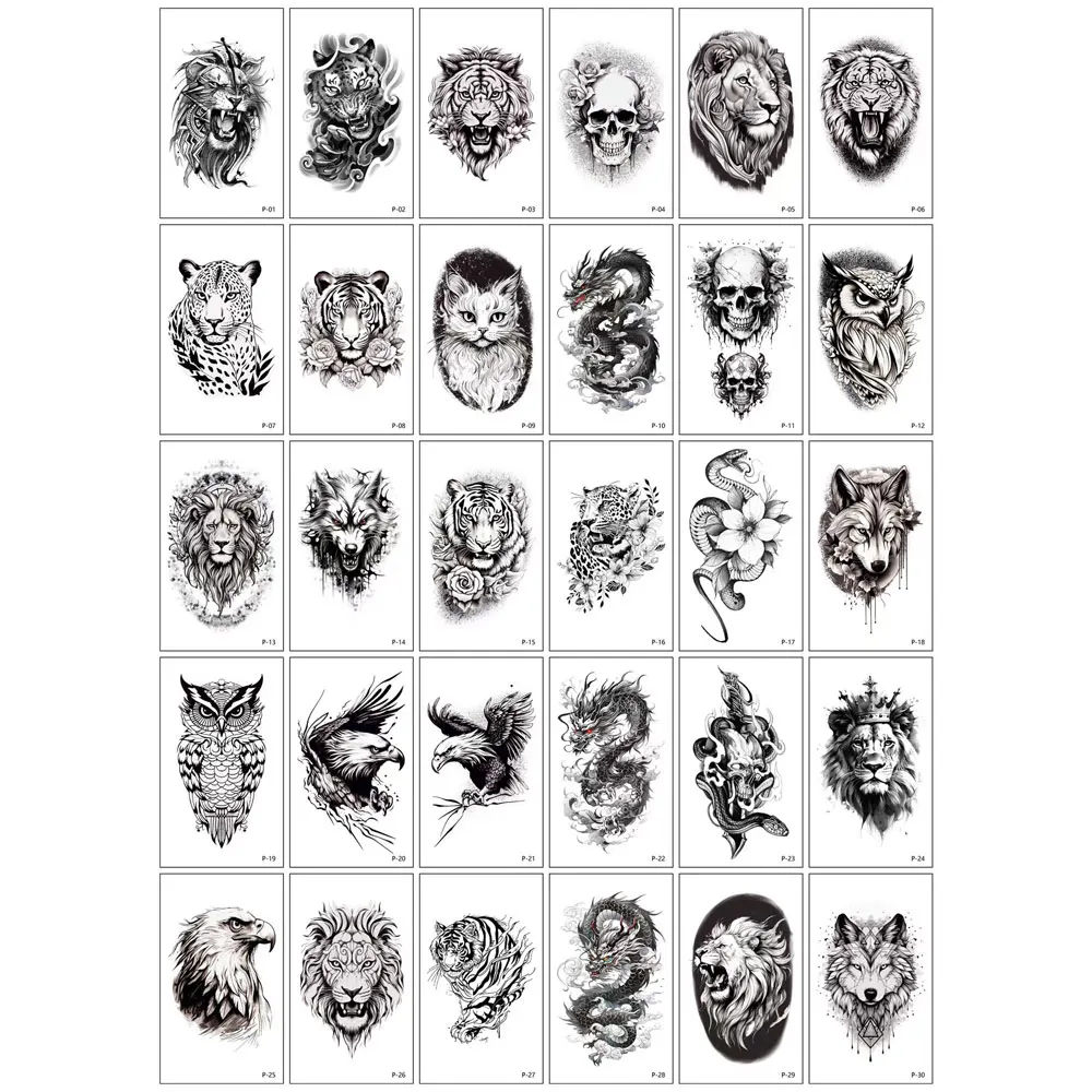 30pcs Small Size Animal Tattoo Stickers for Men Women Tiger Wolf Eagle Dragon Snake Pattern Fake Tattoo Temporary Waterproof