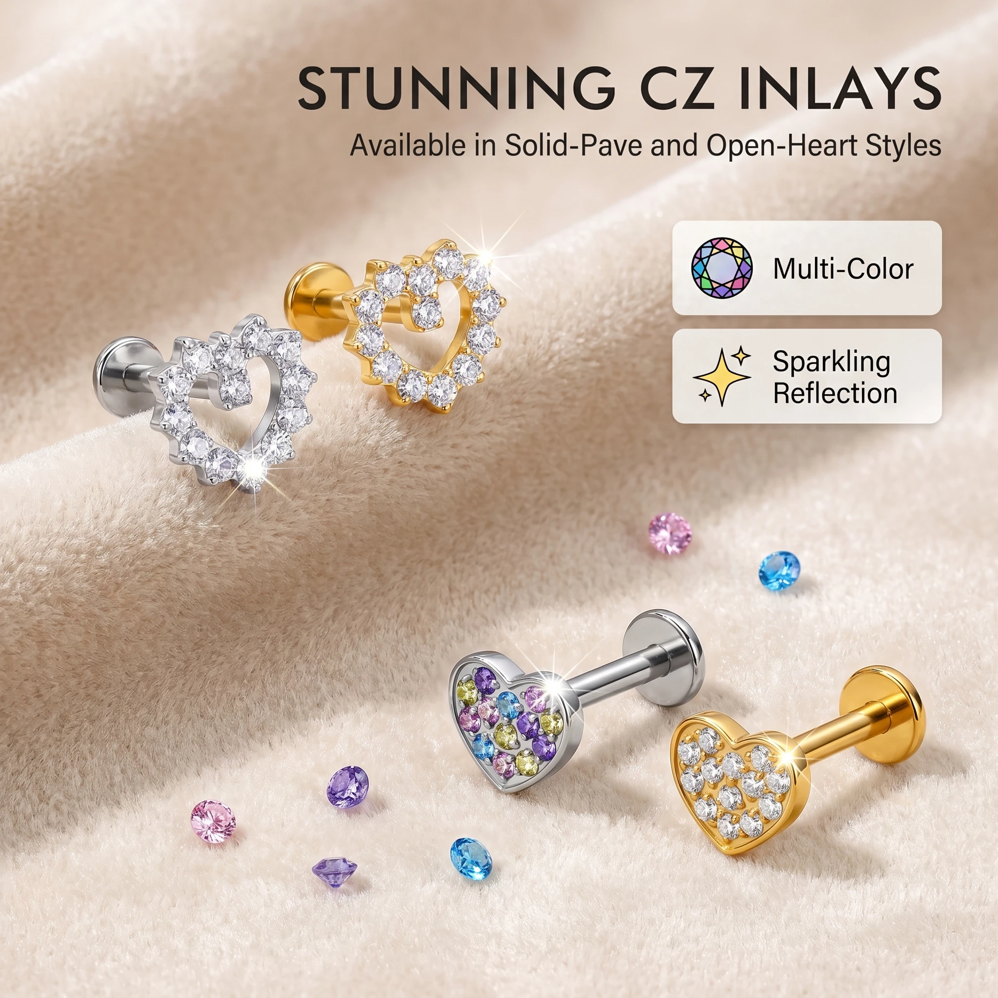 G23 Titanium Labret Internally Threaded Flatback CZ Gem Heart Stud Lip Nose Tragus Earring Cartilage Body Jewelry Piercing Set