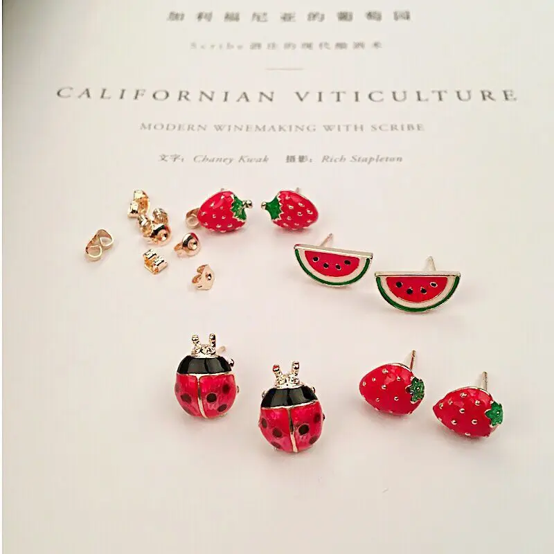 Stud Earrings Fruit Strawberry Watermelon Red Ladybug Enamel Matte Cute Mini Summer Lightweight Resin Daily Gift Women