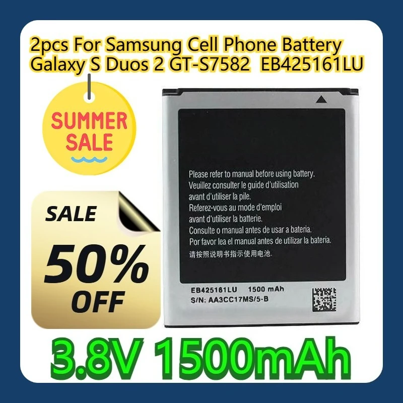 

2pcs For Samsung Cell Phone Battery Galaxy S Duos 2 GT-S7582 3.8V 1500mAh EB425161LU