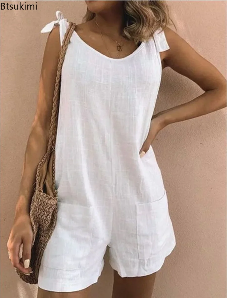 

2024 Women's Summer Casual Suspender Jumpsuits Solid Cotton Linen Overalls Female Loose Playsuits Female Pants Bodysuits Outfits